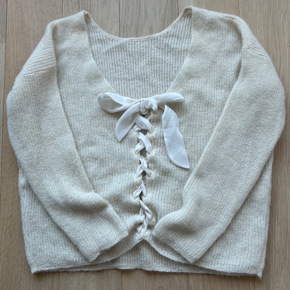 Sezane Sweaters - Sezane Mohair Alpaca Lace Up Sweater Cream White Back Coquette Size M Italy
